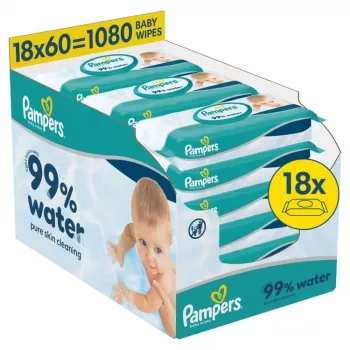 Pampers Aqua Μωρομάντηλα, 18 συσκευασίες των 60, 1080 τεμ., 99% καθαρό νερό, χωρίς άρωμα