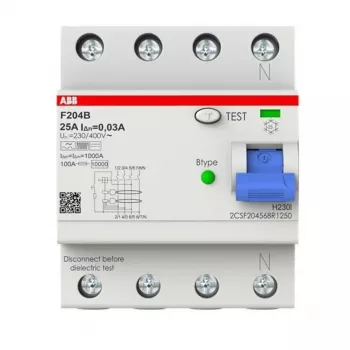 ABB Τύπου B RCCB 4P 25A 30mA 3kA 4 Μονάδες F204B-25/0.03-4TE 2CSF204568R1250