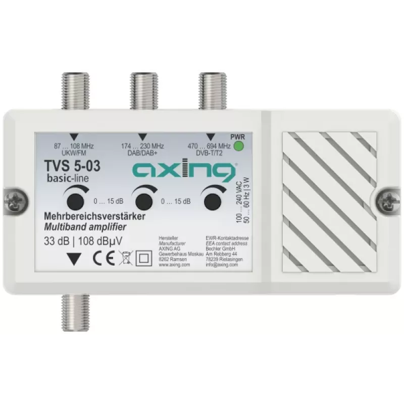 AXING TVS 5-03 Ενισχυτής πολλαπλών ζωνών 33 dB, 3 είσοδοι FM/DAB/DAB+/DVB-T2