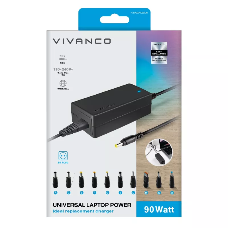 Vivanco 90W Universal Τροφοδοτικό notebook με επιλέξιμη τάση εξόδου VVITADAPT90WUN