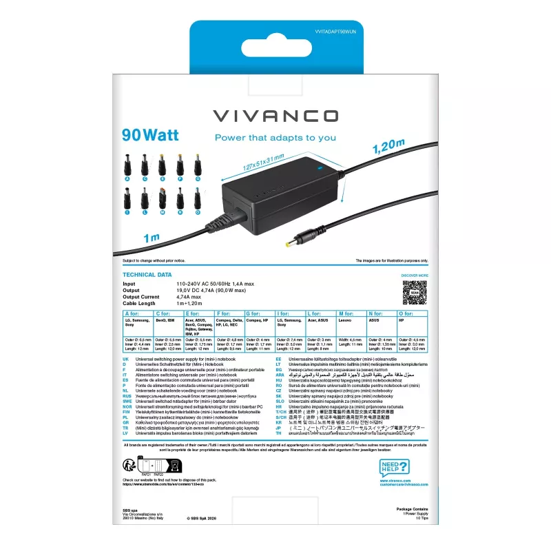 Vivanco 90W Universal Τροφοδοτικό notebook με επιλέξιμη τάση εξόδου VVITADAPT90WUN