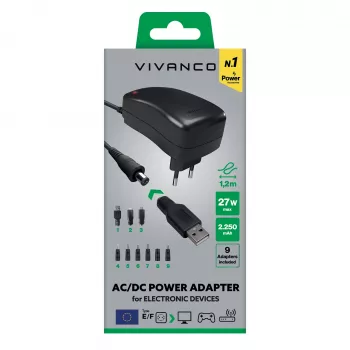 Vivanco Universal AC/DC τροφοδοτικό 27W με 7 βύσματα DC και θύρα USB VVITADAPT27WUN