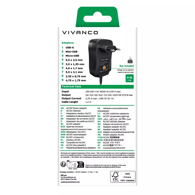 Vivanco Universal AC/DC τροφοδοτικό 27W με 7 βύσματα DC και θύρα USB VVITADAPT27WUN