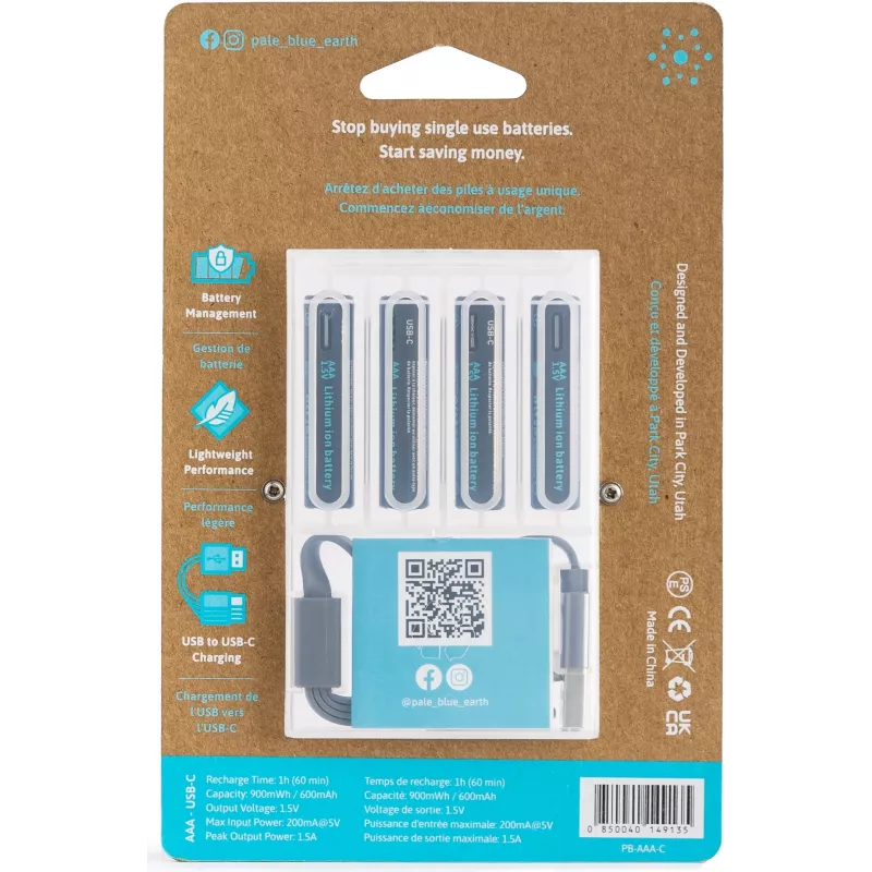 Pale Blue PB-AAA-C επαναφορτιζόμενη μπαταρία λιθίου AAA USB-C