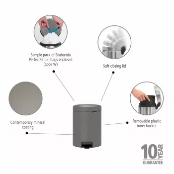 Brabantia NewIcon 5L ποδοκίνητος κάδος απορριμμάτων, Mineral Concrete Grey