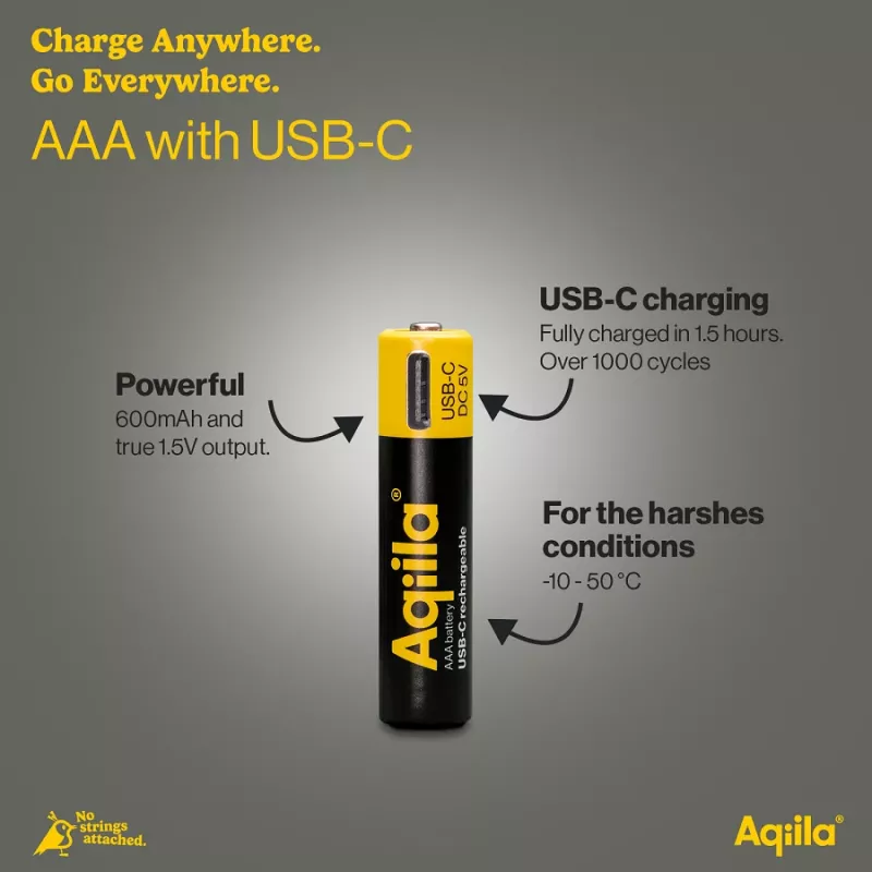 AQIILA AAA NiMH μπαταρίες με USB-C, 1,2 V, 600 mAh, συσκευασία 4 τεμ. AQ60AAA374C4