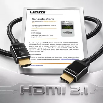 LogiLink καλώδιο HDMI A/M σε A/M 8K/60Hz 48Gbps μέταλλο νάιλον πιστοποιημένο μαύρο 2m