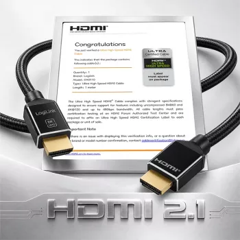 LogiLink καλώδιο HDMI 8K/60 Hz 48 Gbps μεταλλικό νάιλον πιστοποιημένο μαύρο 1 m