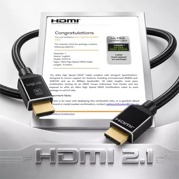 LogiLink καλώδιο HDMI, A/M σε A/M, 8K/60 Hz, 48 Gbps, μέταλλο, νάιλον, πιστοποιημένο, μαύρο, 3 m
