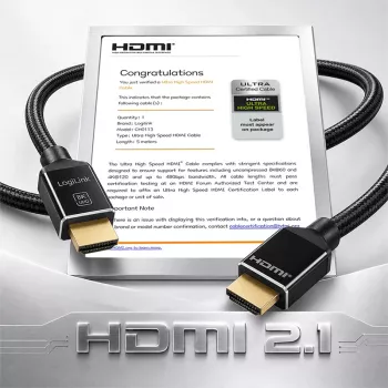 LogiLink καλώδιο HDMI A/M σε A/M 8K/60 Hz 48 Gbps μέταλλο νάιλον πιστοποιημένο μαύρο 5 m