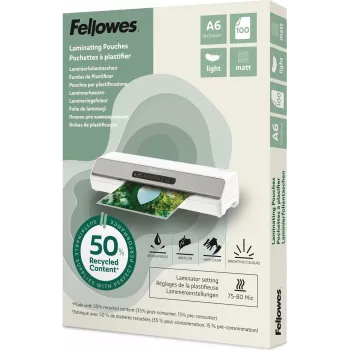 Fellowes A6 ματ μεμβράνες πλαστικοποίησης 80 μικρόν, 50% ανακυκλωμένες, συσκευασία 100 τεμ. 100143438