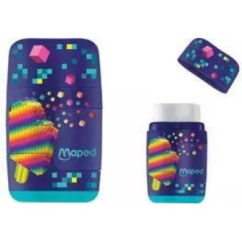 Maped Pixel Party γόμα & ξύστρα combo, διπλή τρύπα, διαφανές δοχείο ρινισμάτων, διάφορα χρώματα 049223