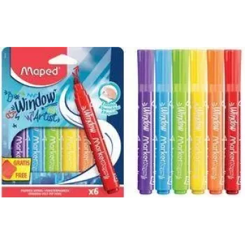 Maped MARKER'PEPS Μαρκαδόρος παραθύρων, 6 διαφορετικά χρώματα, στρογγυλή μύτη 2 mm, χάρτινη θήκη 844822