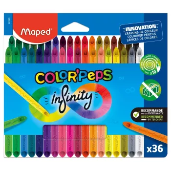 Maped COLOR'PEPS INFINITY Τριγωνικές ξυλομπογιές, 36 διαφορετικά χρώματα, χωρίς ξύλο, 100% πυρήνας χρωστικής, 10x μεγαλύτερη διάρκεια, εργονομική θήκη 861623