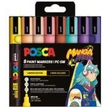 POSCA PC-5M σετ μαρκαδόρων pigment, 8 χρώματα, Manga Hero, μεσαία στρογγυλή μύτη, αδιάβροχοι, ανθεκτικοί στο φως, άοσμοι PC5M/8APF ASS74