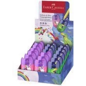 FABER-CASTELL Διπλή ξύστρα Box Dino/Μονόκερος, display με δοχείο ρινισμάτων για εύκολο και καθαρό ξύσιμο, 18 τεμ. (183551)