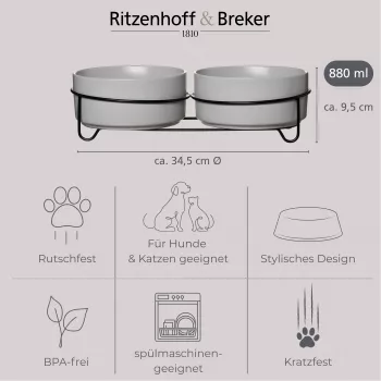 Ritzenhoff & Breker TARO διπλό σετ γαβάθας σκύλου, 880 ml, γκρι ψαμμίτης με μαύρη μεταλλική βάση 450521