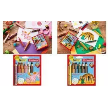STABILO woody 3 in 1 Πολυεργαλείο-στυλό, 6τεμ. σετ με στρογγυλή θήκη Tiger, Ξυλομπογιά, Νερομπογιά και Κηρομπογιά σε Ένα EO8806-4-2