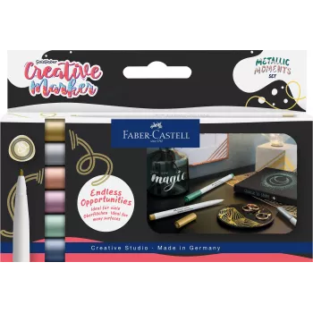 Faber-Castell Creative Marker Goldfaber Metallic Moments, σετ 6 τεμ., μελάνι με βάση το νερό, άοσμο, ανθεκτικό στο σκούπισμα, διάφορα μεταλλικά χρώματα 161107