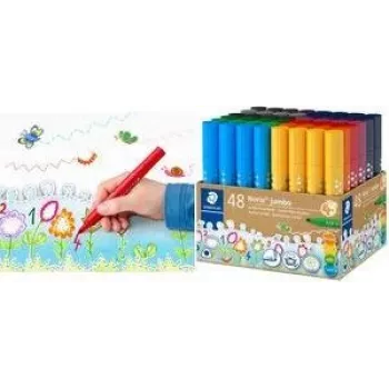 STAEDTLER Noris Jumbo 328-B KP48 μαρκαδόροι, 48 διάφορα χρώματα, μύτη 3,0 mm από ίνες, τριγωνικό σχήμα, μελάνι που ξεπλένεται, καπάκι με αεραγωγούς, επαναχρησιμοποιούμενο ποτήρι