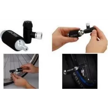 FISCHER Αντλία χειρός ποδηλάτου με CO2-Inflator, κεφαλή βαλβίδας universal για Schrader, Dunlop, Presta, 8 bar, Μαύρο/Ασημί 50392