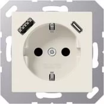 JUNG A 1520-15 CA Πρίζα SCHUKO 16 A 250 V με φορτιστή USB 1 x Type A + 1 x Type C, Safety Plus, σειρά AS, λευκό (ivory)