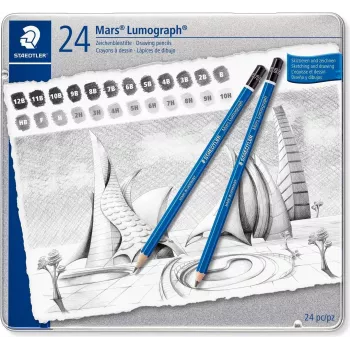 STAEDTLER Mars Lumograph 100 G24 σετ μολυβιών σχεδίασης, 24 διαφορετικοί βαθμοί σκληρότητας σε μεταλλικό κουτί, μπλε εξαγωνικό