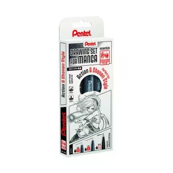 Pentel Manga Action σετ στυλό fineliner, μαύρο, 3 στυλό (0,05/0,2/0,8 mm) σε θήκη MNG3PCS-AC