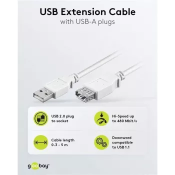 Wentronic καλώδιο επέκτασης USB 2.0 A βύσμα αρσενικό σε υποδοχή θηλυκή 5m λευκό 96288
