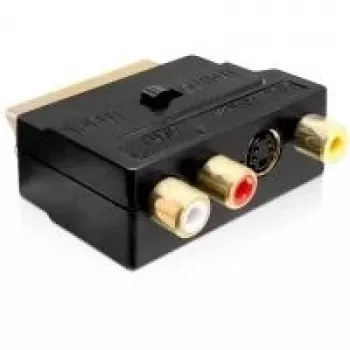 Wentronic Goobay προσαρμογέας SCART, βύσμα SCART αρσενικό σε 3 υποδοχές RCA θηλυκές + υποδοχή 4-Pin Mini-DIN θηλυκή, μαύρο 50499