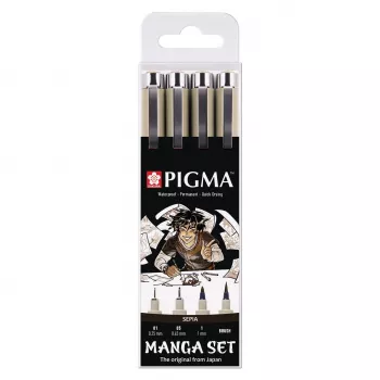SAKURA Pigma Micron Manga σετ sepia 4 τεμαχίων fineliner & πινέλου σε επαναχρησιμοποιούμενη θήκη POXSDKMAN4