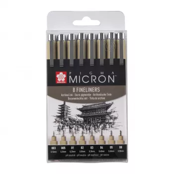 SAKURA Pigma Micron σετ fineliner, 8 τεμαχίων, μαύρο, διάφορα μεγέθη μύτης 0,15 mm έως πινέλο POXSDK8