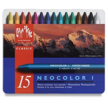 Caran d'Ache Neocolor I κηρομπογιές, 15 διαφορετικά χρώματα, στρογγυλές, χάρτινο περίβλημα, μεταλλικό κουτί 7000.315