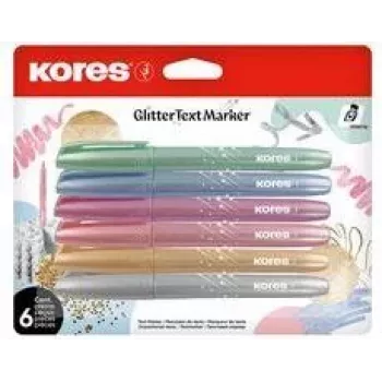 Kores Σετ μαρκαδόρων glitter, μυτερή μύτη 3-5 mm, 6 λαμπερά χρώματα glitter, με βάση το νερό, γρήγορο στέγνωμα, ανθεκτικό στο σβήσιμο, καπάκι με αερισμό, μη τοξικό TM36300