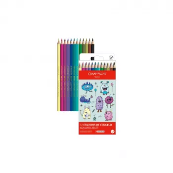 Caran d'Ache Swisscolor Kawaii Monsters υδατοδιαλυτά χρωματιστά μολύβια, σετ 12 τεμ., εξαγωνικό ξύλο κέδρου 1285.801