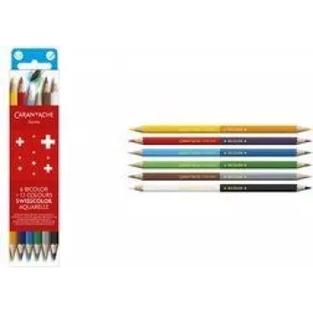 Caran d'Ache Swisscolor Bicolor Aquarelle υδατοδιαλυτά χρωματιστά μολύβια, 6 μολύβια Bicolor = 12 χρώματα, εξαγωνικά, FSC κέδρου 1285.706