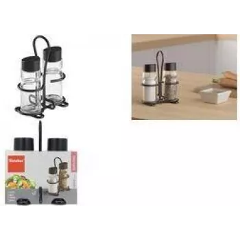 Metaltex Spice Line σετ αλατιέρας και πιπεριέρας, 3 τεμ., γυαλί με μαύρα πλαστικά καπάκια, διαφανές 252871000