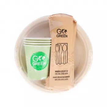 GOGREEN Κομποστοποιήσιμο σετ πιάτων πικνίκ για 4 άτομα, 24 τεμάχια, φυτικό, φυσικό λευκό