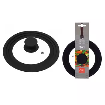 ASI COLLECTION καπάκι universal με σιλικονούχο χείλος 3-in-1, Ø16/18/20cm, σκληρό γυαλί, μαύρο σιλικόνη