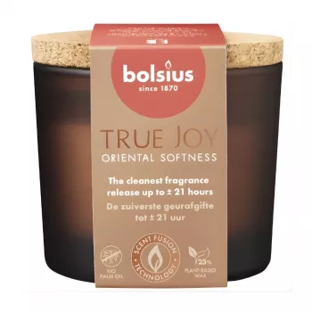 Bolsius True Joy Oriental Softness Αρωματικό κερί σε γυαλί με καπάκι φελλού, Ø66x83 mm