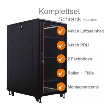 IT-BUDGET 19 inch rack δικτύου SRK πλήρες σετ - 27U - 600x800 mm - πόρτα γυαλιού/συμπαγής - 4 ενεργοί ανεμιστήρες - PDU - ράφια - Flatpack - μαύρο (90ITB19SRK2768GS)