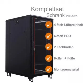 IT-BUDGET 19 inch rack δικτύου SRK πλήρες σετ - 27U - 600x800 mm - πόρτα γυαλιού/συμπαγής - 4 ενεργοί ανεμιστήρες - PDU - ράφια - Flatpack - μαύρο (90ITB19SRK2768GS)