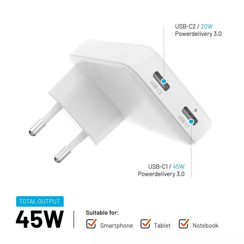 Fixed Slim 2xUSB-C Ταξιδιωτικός φορτιστής 65W GaN PD Λευκό