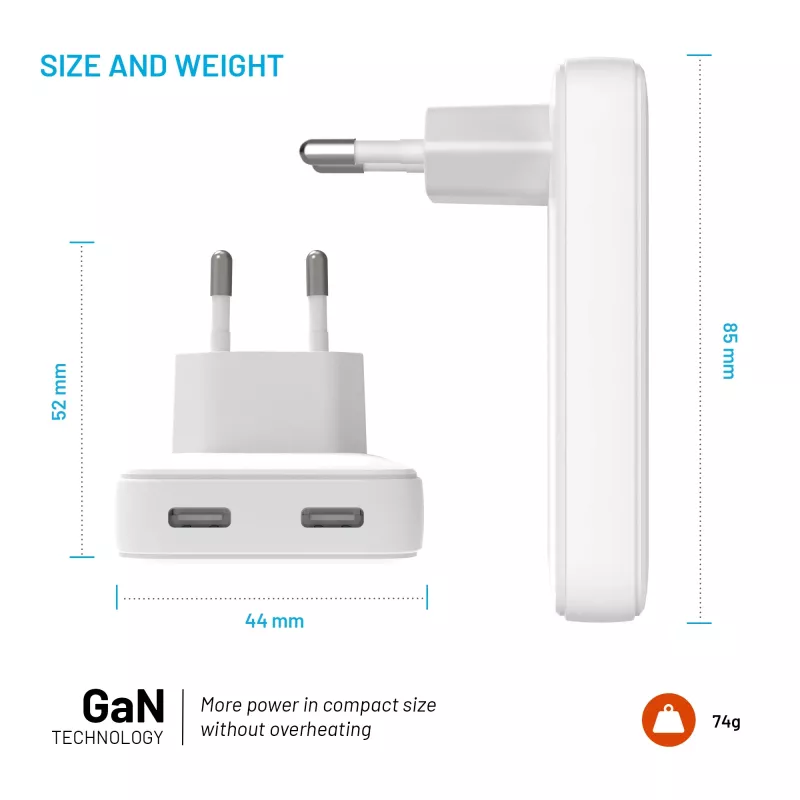Fixed Slim 2xUSB-C Ταξιδιωτικός φορτιστής 65W GaN PD Λευκό