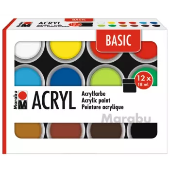 Marabu BASIC Σετ ακρυλικών χρωμάτων, 12 x 18 ml, υψηλή χρωστική, πολύ υψηλή αντοχή στο φως 1210000000214