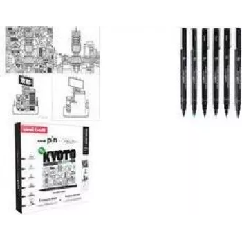uni-ball PIN Kyoto σετ στυλό fineliner, 6 στυλό μελανιού pigment (μαύρο, 0,1–πινέλο), αδιάβροχο CF PIN/6 003