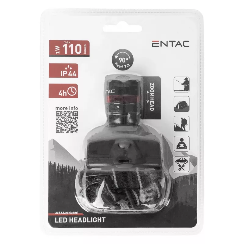 ENTAC EHL-ZOOM-1W-PL Zoom 1W LED φακός κεφαλής, μαύρο