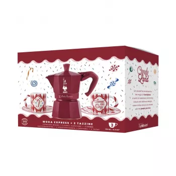 Bialetti Candyland Moka Express 3TZ σετ χειροκίνητης καφετιέρας, 150 ml, κόκκινο + 2 φλιτζάνια