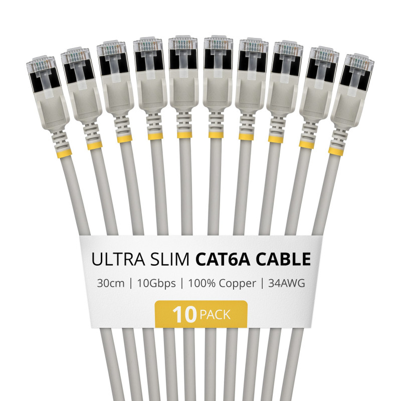 StarTech.com Slim Καλώδιο Patch Cat6a U/FTP RJ45, 0,3 m, Γκρι, Συσκευασία 10 τεμ.