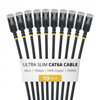 StarTech.com Slim Καλώδιο Patch Cat6a U/FTP RJ45, 0,3 m, Μαύρο, Συσκευασία 10 τεμ.